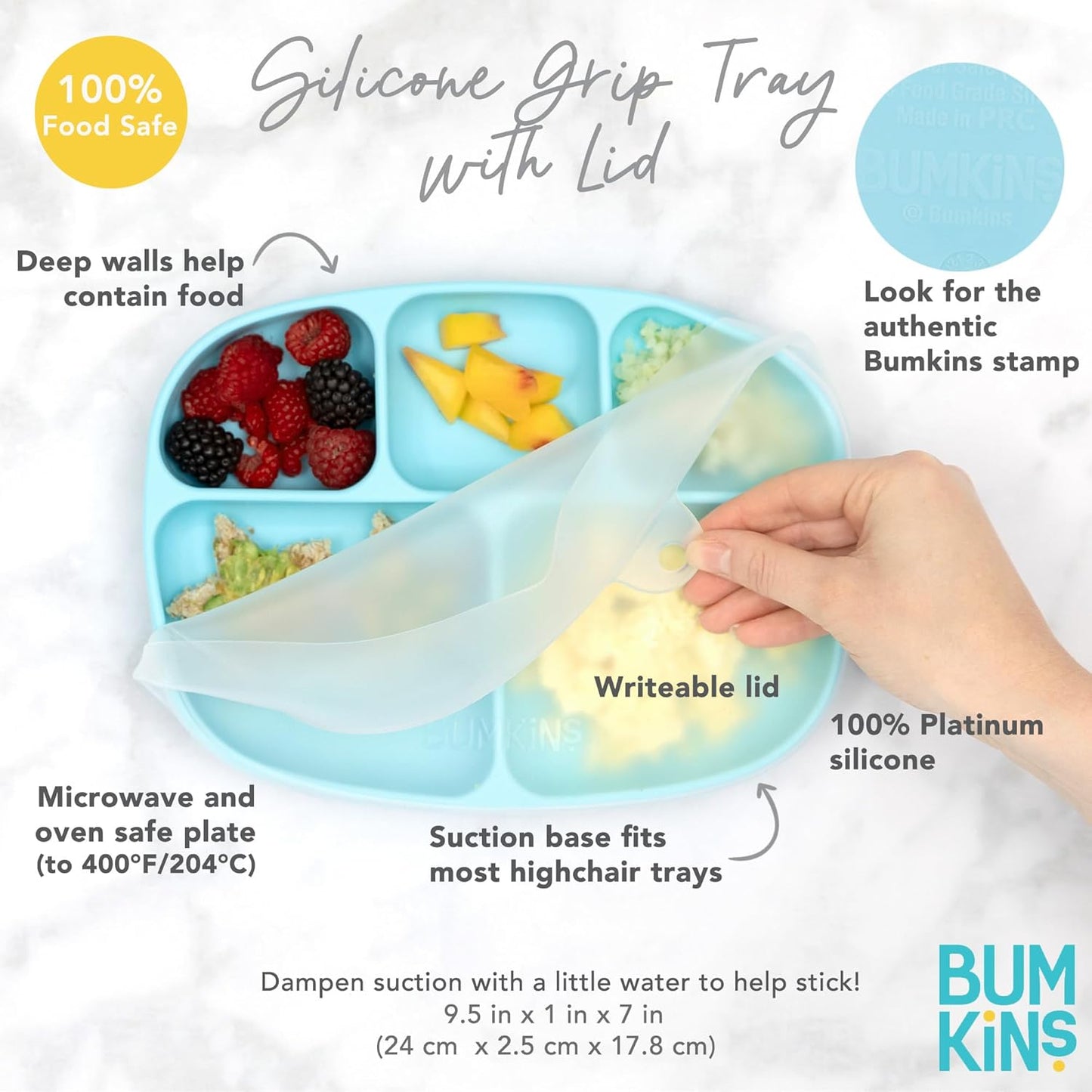 Bumkins Toddler and Baby Suction Plate, Divided Grip Dish for Babies and Kids, Baby Led Weaning, Feeding Supplies, Sticks to Tables and Highchairs, Platinum Silicone, for Chidren 6 Months, Gray
