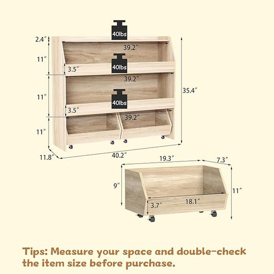 COZPAW Toy Storage Organizer, 3 Tier Montessori Shelf with Movable Bins (Wood)