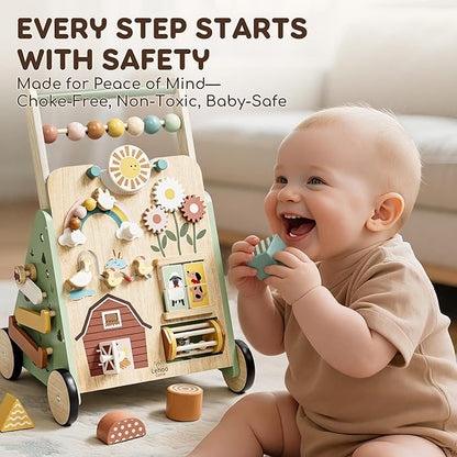 Lehoo Castle Wooden Baby Walker, Adjustable Speed Montessori Walker with Activity Center for Boys Girls, Baby Push Walker Toys for 1 Year Old Learning to Walk