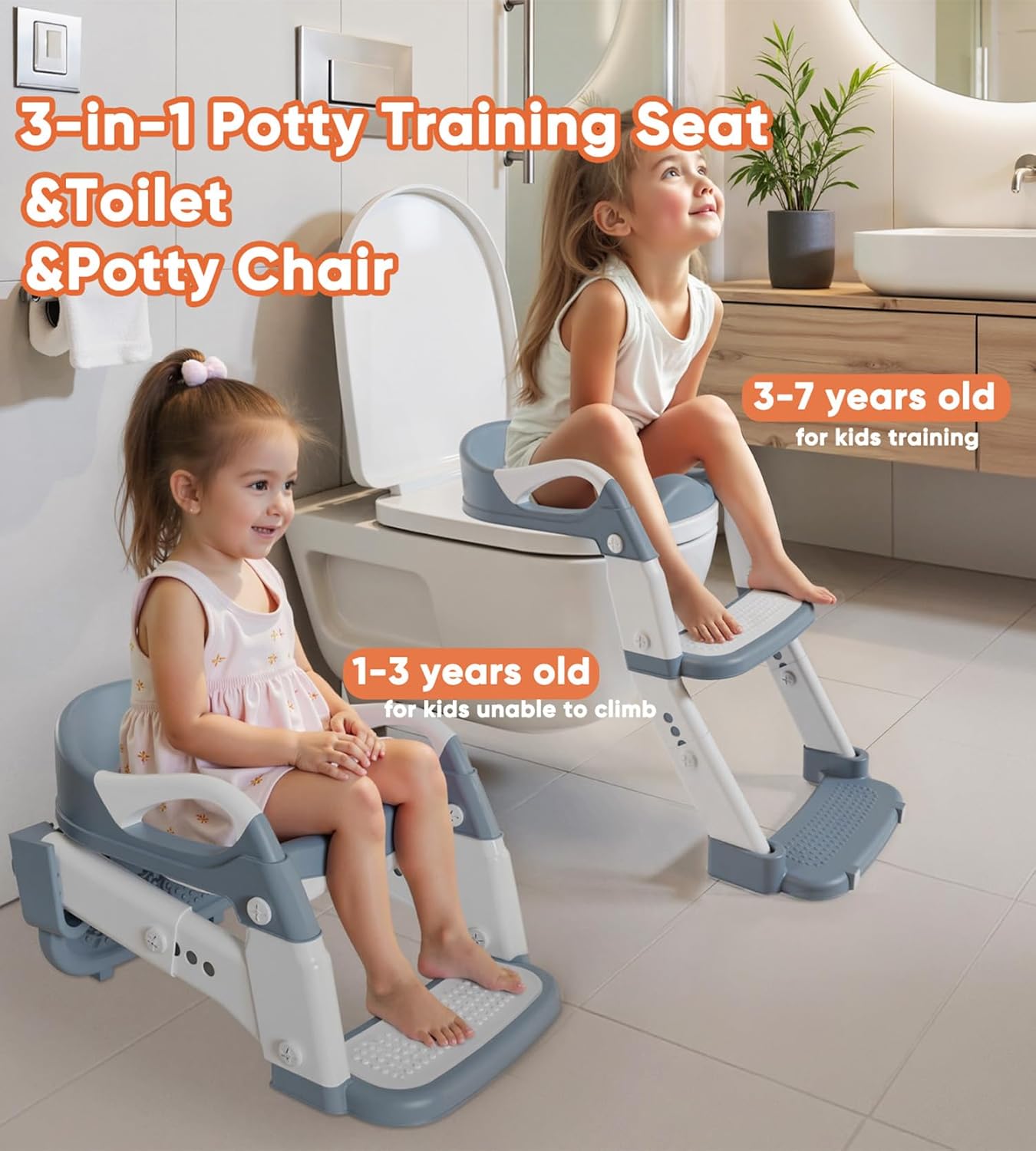 3-in-1 Potty Training Seat & Training Toilet & Potty Chair, Height AdjustableToddler Toilet Seat for Kids, Foldable Potty Training Toilet with Splash Guard & Anti-Slip Steps (Gray)