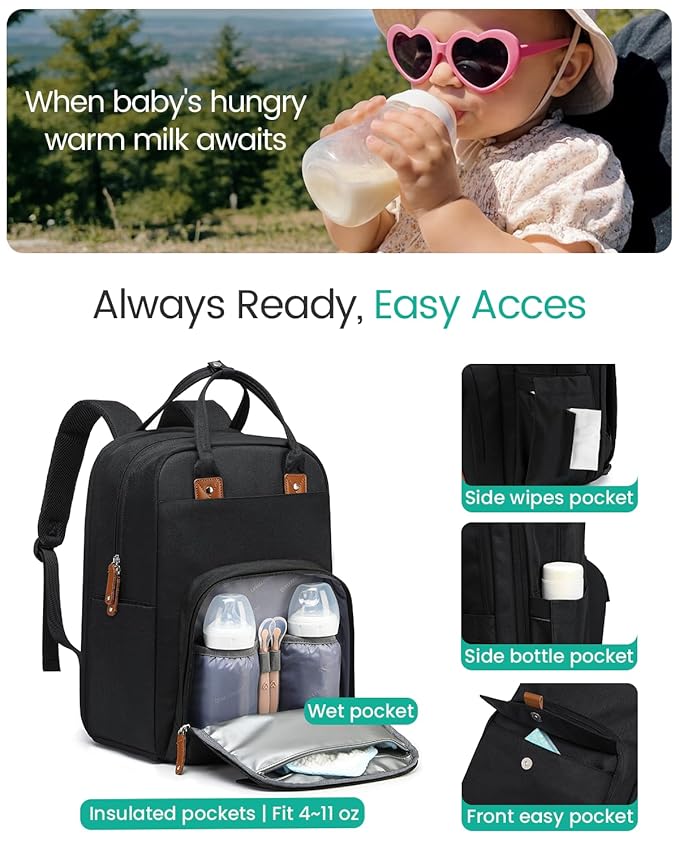 Qualyphant Extra Large Diaper Bag Backpack for Two Kids Twins - Expandable Baby Bag (26-36L), Dual Big Compartments - Includes Changing Pad & Stroller Straps, Unisex Black