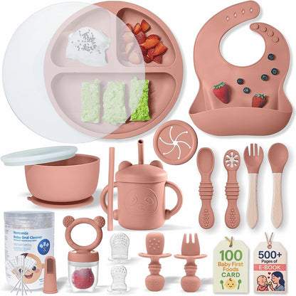 Remonda 23-Piece BPA-Free Silicone Baby Feeding Set | Extra Large Suction Plates, Toddler Bowls, Self Feeding Spoons, and More | Dishwasher Safe| Baby Led Weaning Supplies (Green）01