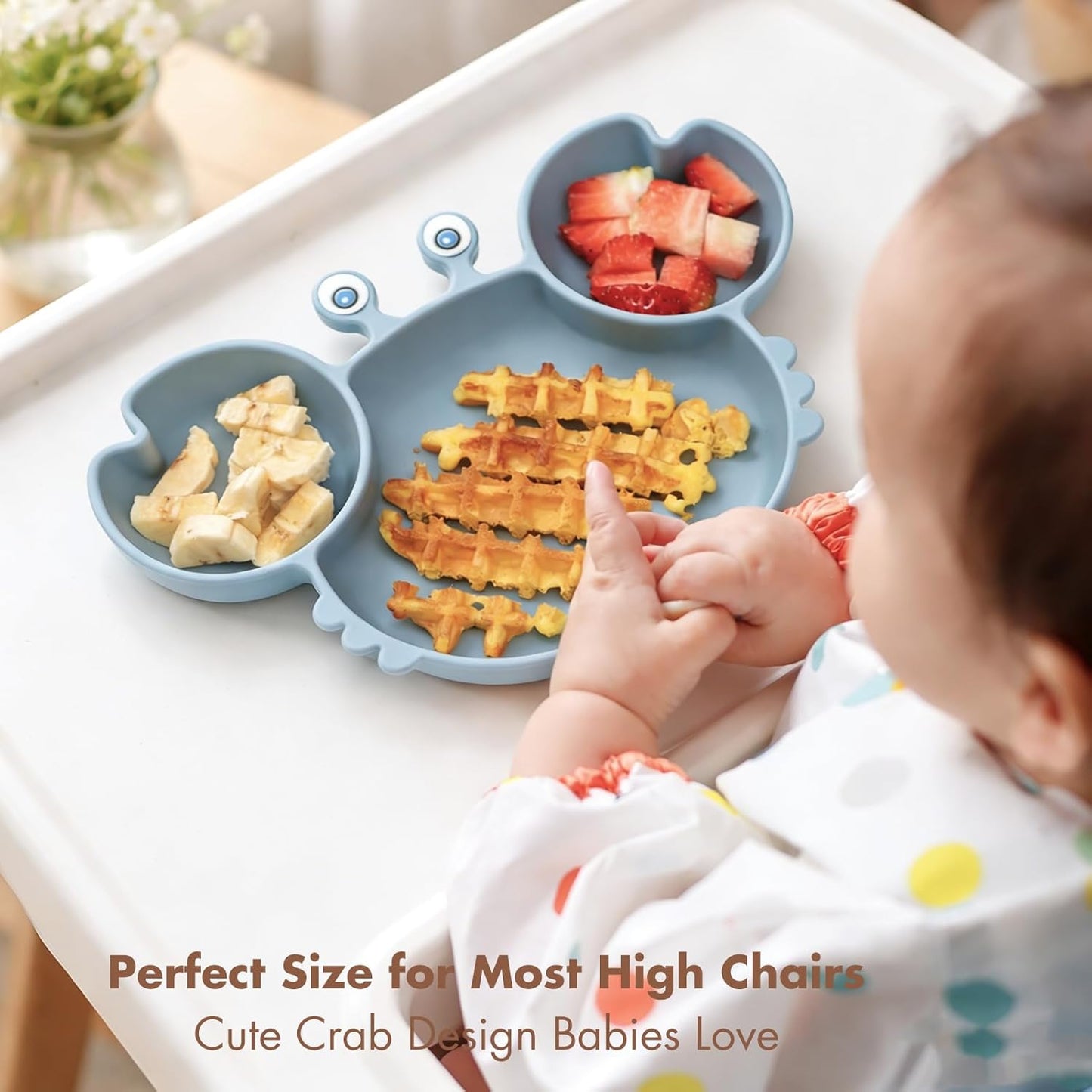 ROCCED Suction Plates for Baby, Silicone Plates with Suction Divided, Baby Spoon Fork Set for Toddler Baby Dishes Kids Utensils-Crab Dusty Blue