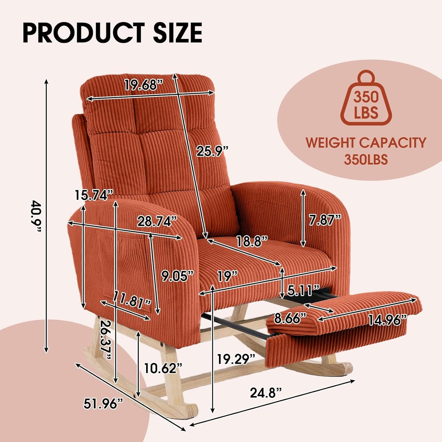 NIOIIKIT Nursery Rocking Chair, Corduroy Upholstered Rocking Chair with Adjustable Footrest, Tufted Rocker Chair with Side Pocket, Glider Rocker for Living Room, Bedroom (Cream Retro)
