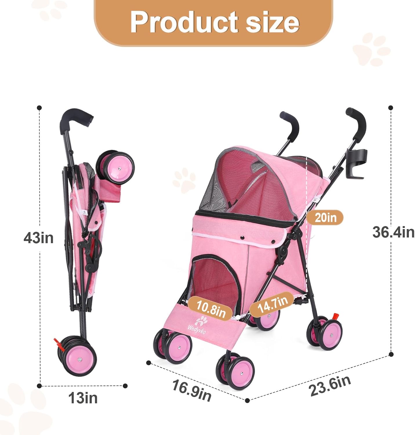 Wedyvko Travel Portable Dog Stroller, Pet Stroller for Small Puppy Dogs & Cats, Up to 33 lbs, Black