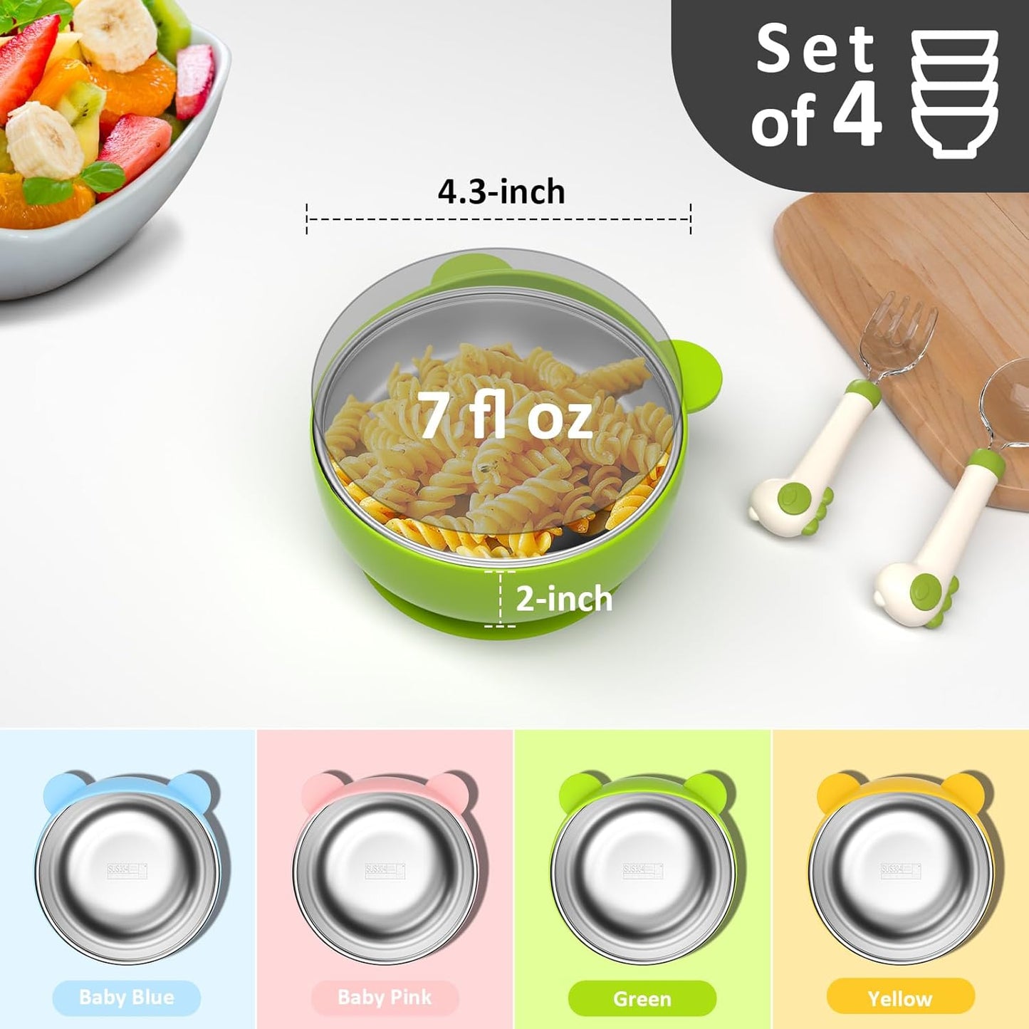 Bakpoco Toddler Bowls with suction & Utensils Set, 2-in-1 Stainless Steel 304 Kids Feeding Bowl & Silicone Suction Baby Bowl with Spoons and Forks, First Self-feeding Training Set, Organic Bloom
