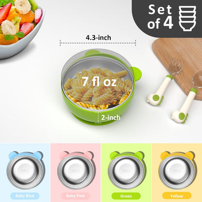 Bakpoco Toddler Bowls with suction & Utensils Set, 2-in-1 Stainless Steel 304 Kids Feeding Bowl & Silicone Suction Baby Bowl with Spoons and Forks, First Self-feeding Training Set, Organic Bloom