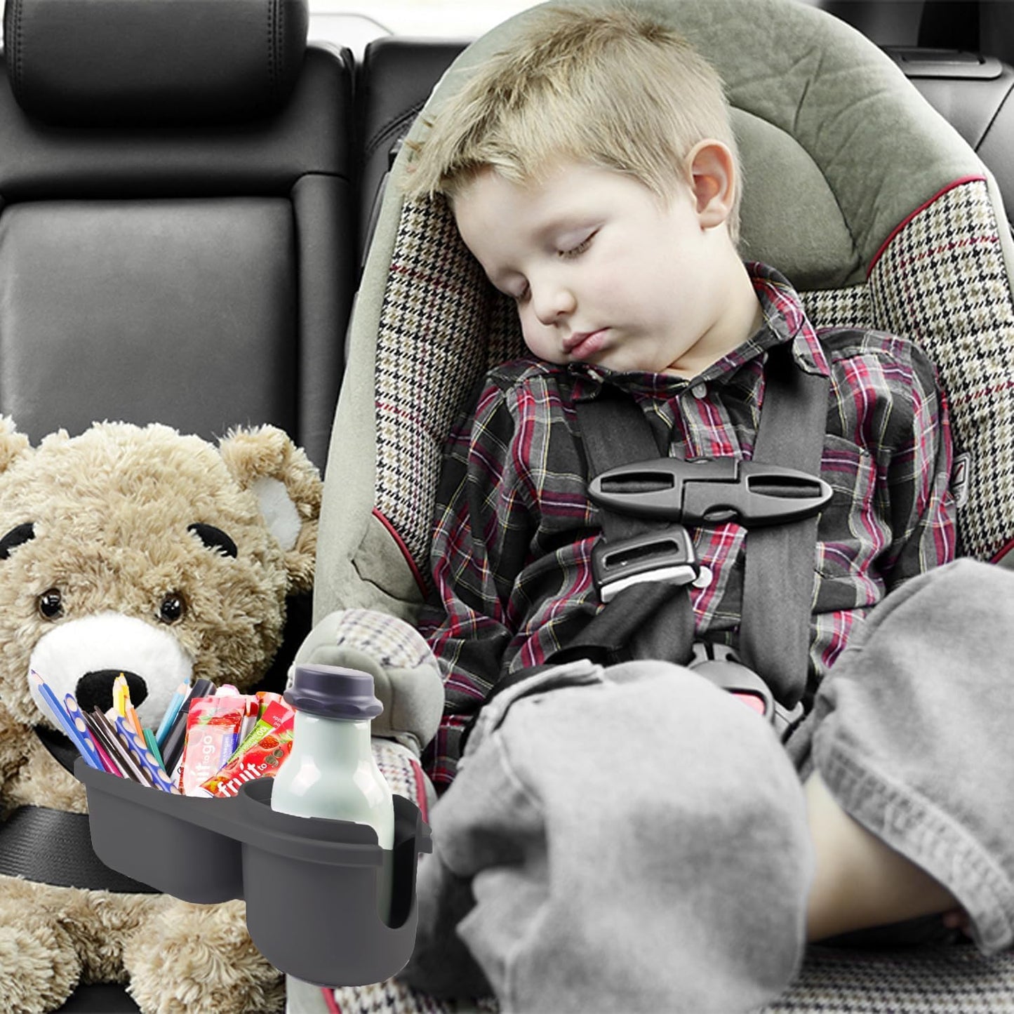 Child Cup Holder with Snacks Holder for Convertible Car Seats, Convertible Cup Holder, Stroller Cup Holder with Snack Pod Compatible with Most Convertible Car Seats- Black.