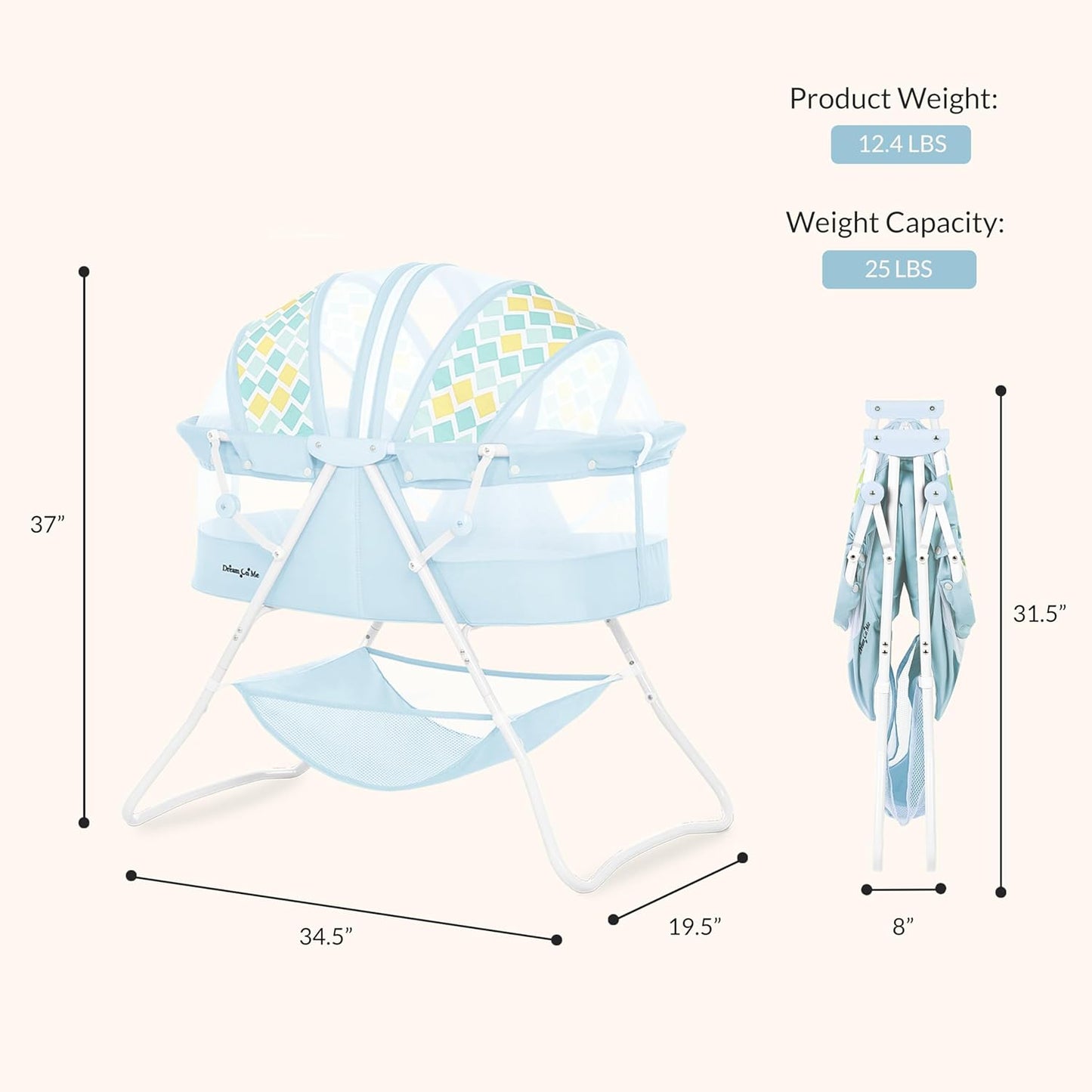 Dream On Me Karley Bassinet, Award Winner Lightweight Travel Baby Bassinet, Foldable Bedside Sleeper, Adjustable Double Canopy, Spacious Design, Soft Fabric, Storage Basket – Blue and Grey