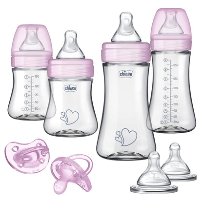 Chicco Duo 9oz Hybrid Baby Bottle, Real Glass Inside, Lightweight Plastic Outside, Patented Invinci-Glass Technology, Intui-Latch Nipple, 2-Pack, Clear/Pink