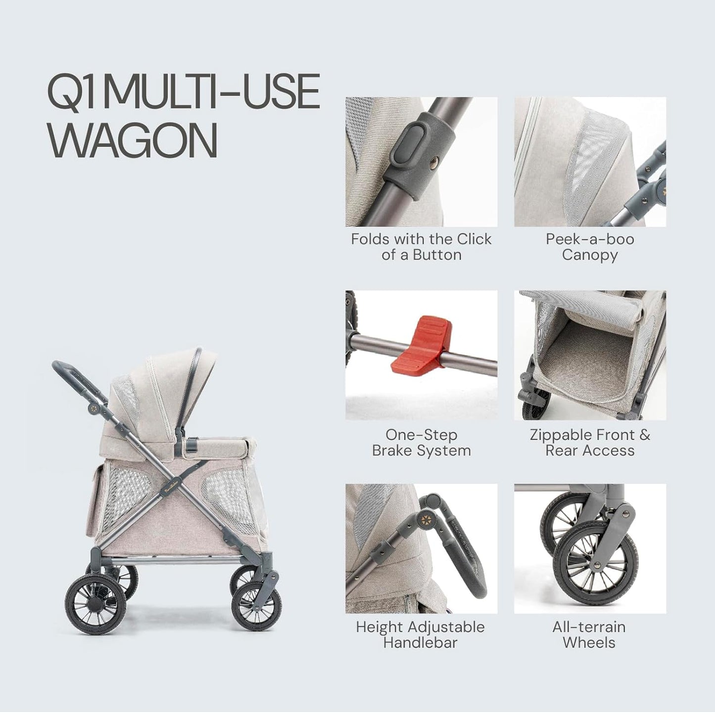Familidoo Q1 Multi-Use Kids Wagon Stroller – Foldable, Lightweight & All-Terrain for Kids & Pets – 5-Point Safety Harness, Rain Cover & Compact Travel Design – Supports Up to 132 lbs (Sage Green)