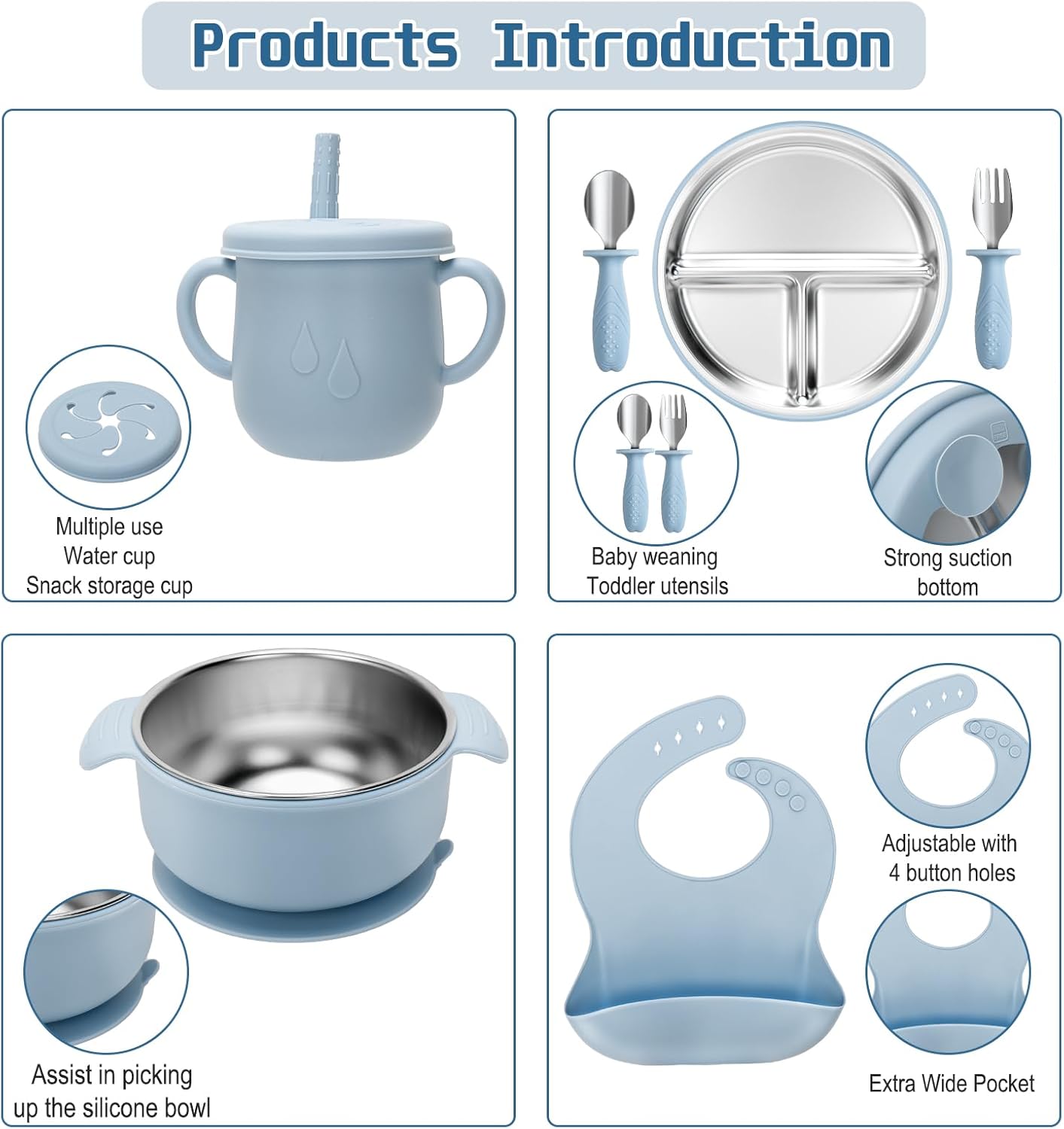 MISSLILI Stainless Steel Kids Plates and Bowls Set with Suction, Divided Baby Plate and Toddler Bowl with Removable Silicone Suction,Stainless Steel Weaning Bundle, Silicone Baby Feeding Set (Pink)