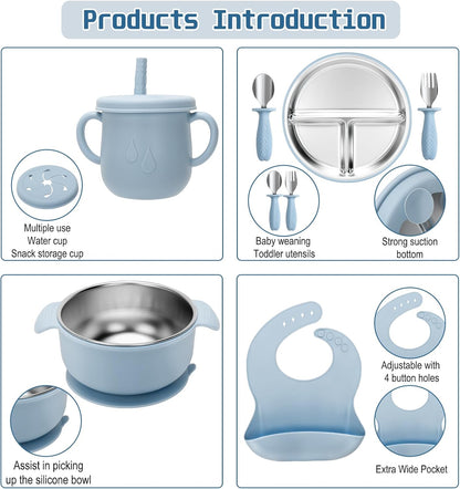 MISSLILI Stainless Steel Kids Plates and Bowls Set with Suction, Divided Baby Plate and Toddler Bowl with Removable Silicone Suction,Stainless Steel Weaning Bundle, Silicone Baby Feeding Set (Pink)