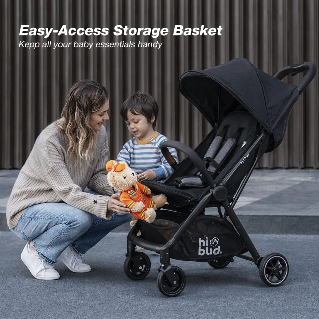 HiBud Baby Stroller, Lightweight Compact Stroller with One-Hand Auto Folding, 5-Point Harness, Adjustable Footrest, Multi-Position Recline, Carry Strap, Supports up to 40 lbs (Grey)