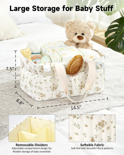 BuyCard Floral Baby Diaper Caddy Organizer, Large Quilted Nursery Storage Basket with Handle, Gift for Baby Shower, Newborn Parents Gift