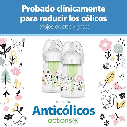 Dr. Brown's Anti-Colic Options + Wide-Neck Baby Bottle Designer Edition Dino Decos, 9oz/270mL, Level 1 Slow Flow Nipple, BPA-Free, 0m+, 2-Pack