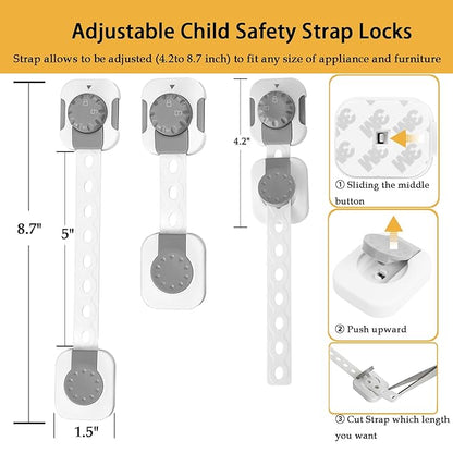 Fursafe&Q Child Safety Cabinet Proofing, Baby Cabinet Locks Adhesive Adjustable Child Safety Strap Locks Drawer Fridge Ovens Toilet Latches No Screws for Furniture Kitchen 12Pack