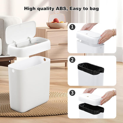 funest Bathroom Trash Cans, Garbage Can with Press Type Lid,10L Dogproof Slim Plastic Narrow Trash Bin