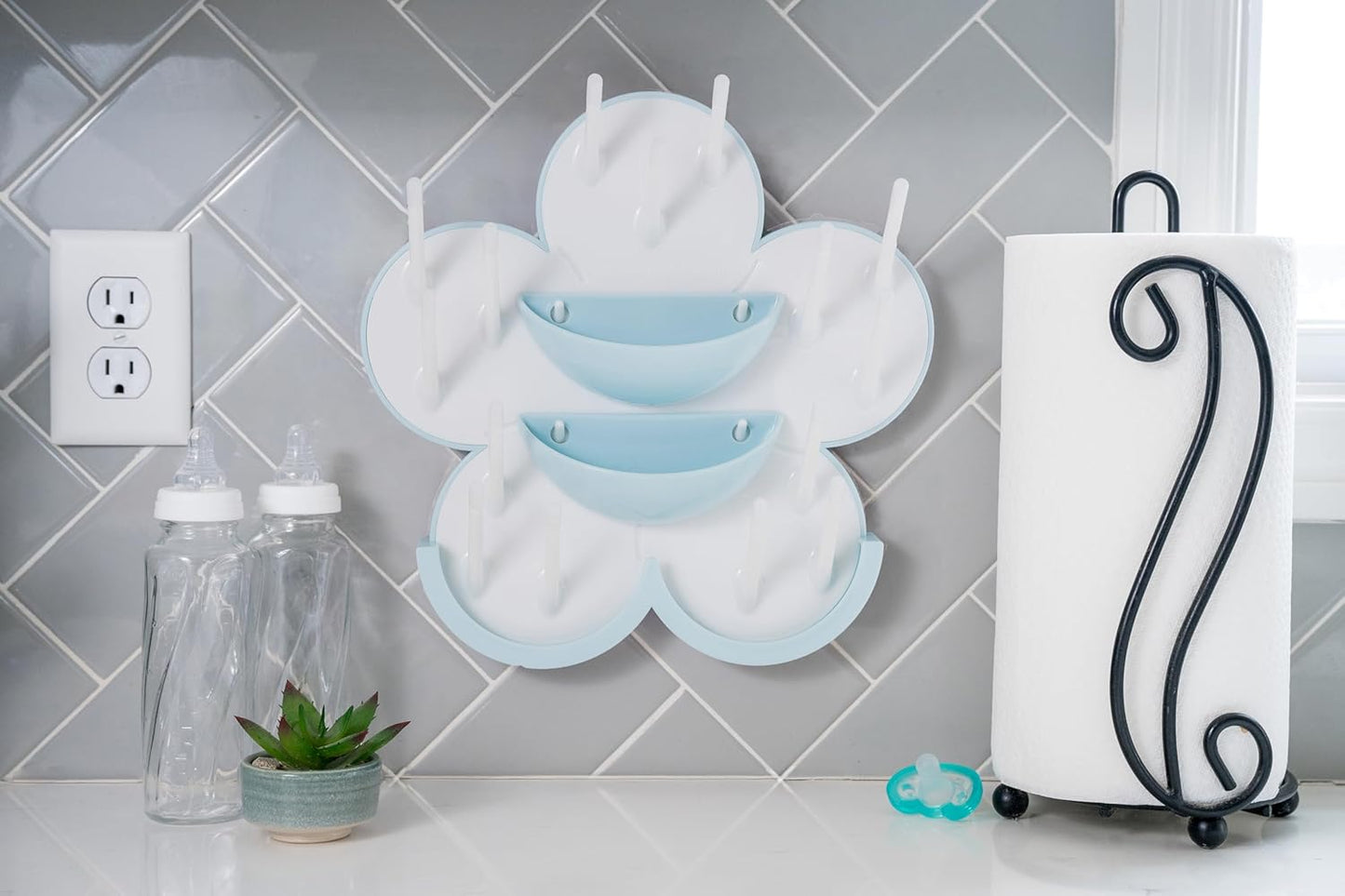 The Bottle Blossom- Wall Mounted Baby Bottle Drying Rack for Bottles, Cups, Sippy Cups, Vertical Wall Hanging, Space Saving, Large Capacity Baby Essential, 2 Adhesive Hooks Included (Light Blue)