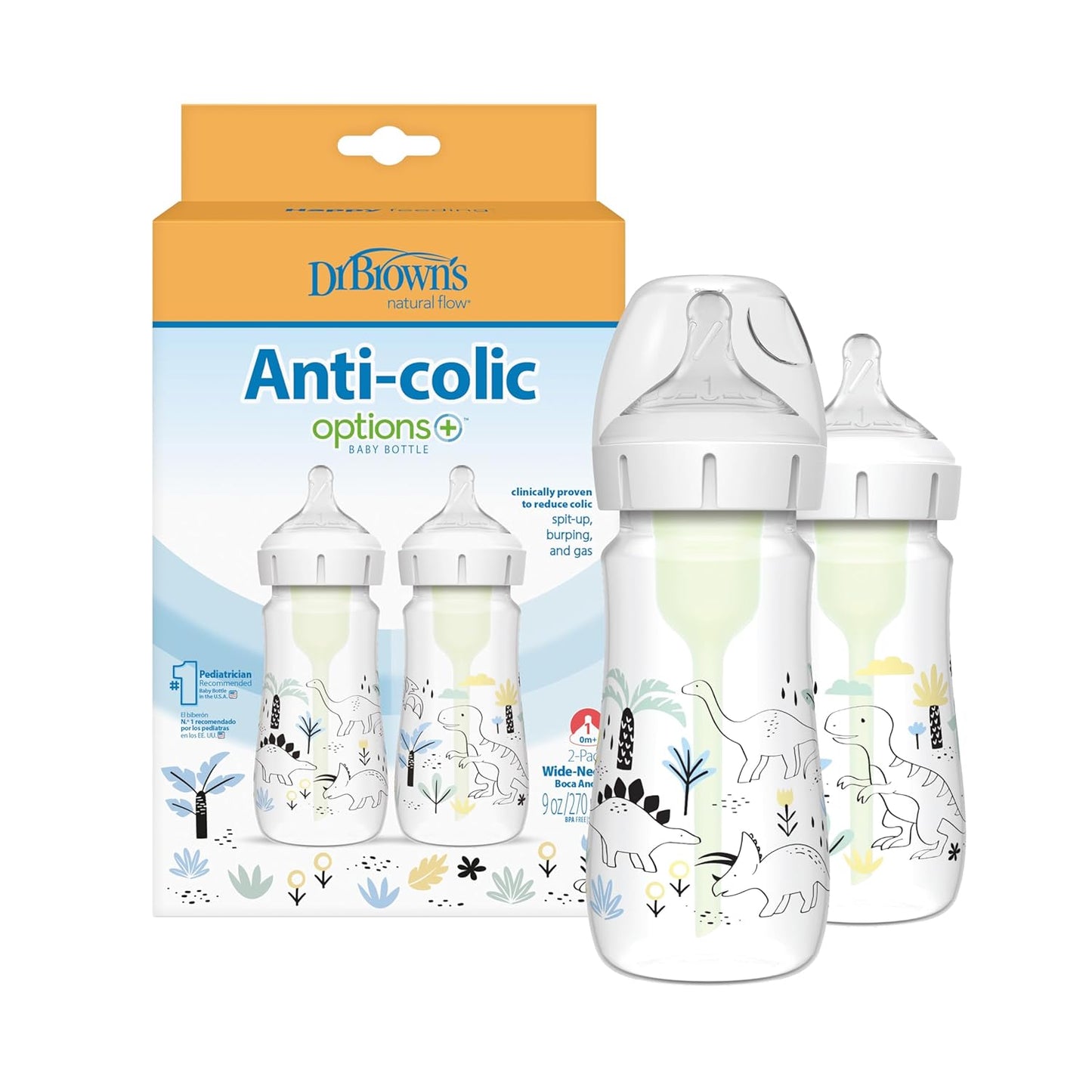 Dr. Brown's Anti-Colic Options + Wide-Neck Baby Bottle Designer Edition Dino Decos, 9oz/270mL, Level 1 Slow Flow Nipple, BPA-Free, 0m+, 2-Pack