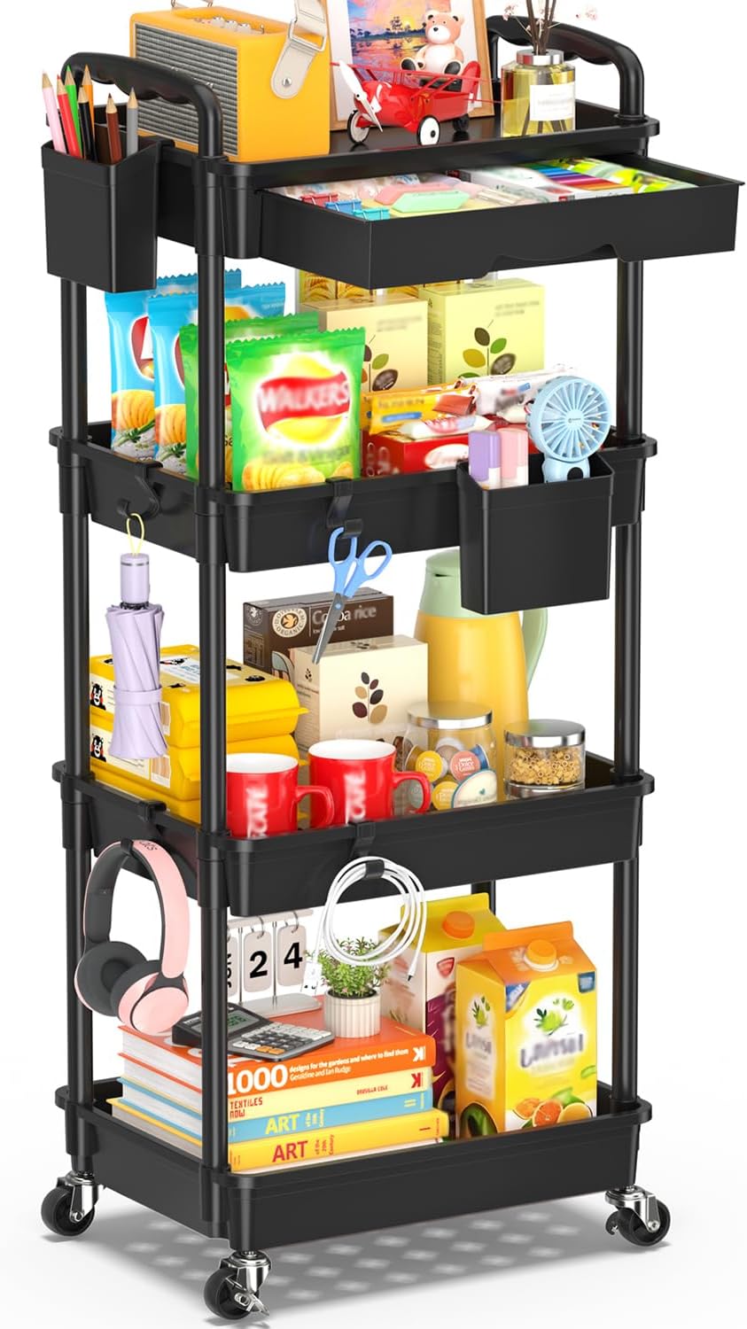 SUNALLY 3 Tier Rolling Cart with Drawer, Bathroom Storage Organizer with 2 Lockable Wheels, Multifunctional Rolling Storage Cart for Bathroom, Kitchen, Office, Craft, Makeup, Baby Essentials, White