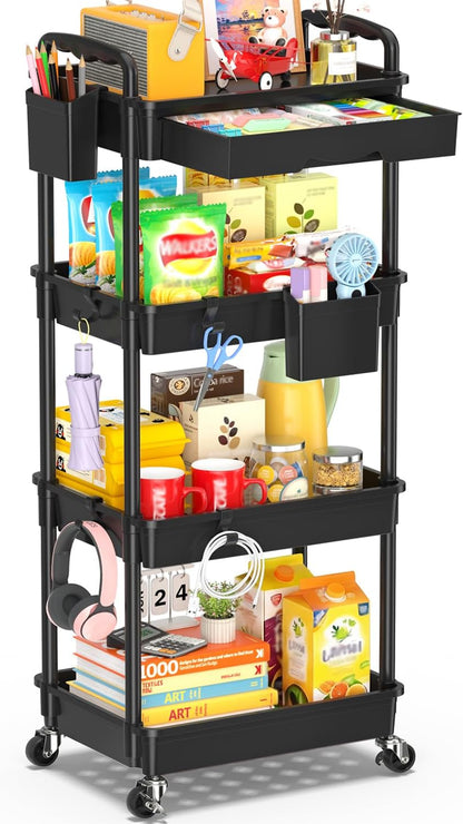 SUNALLY 3 Tier Rolling Cart with Drawer, Bathroom Storage Organizer with 2 Lockable Wheels, Multifunctional Rolling Storage Cart for Bathroom, Kitchen, Office, Craft, Makeup, Baby Essentials, White