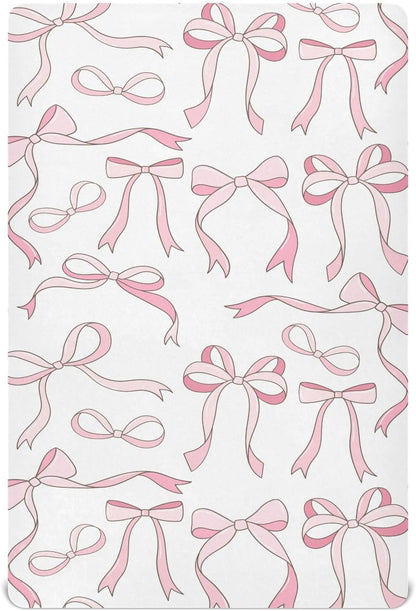 Fitted Crib Sheets Pink Checkered and Bows Stretchy Portable Playard Sheets for Baby Toddler, Breathable Soft Mini Crib Mattress 39 x 27 in for Boys and Girls