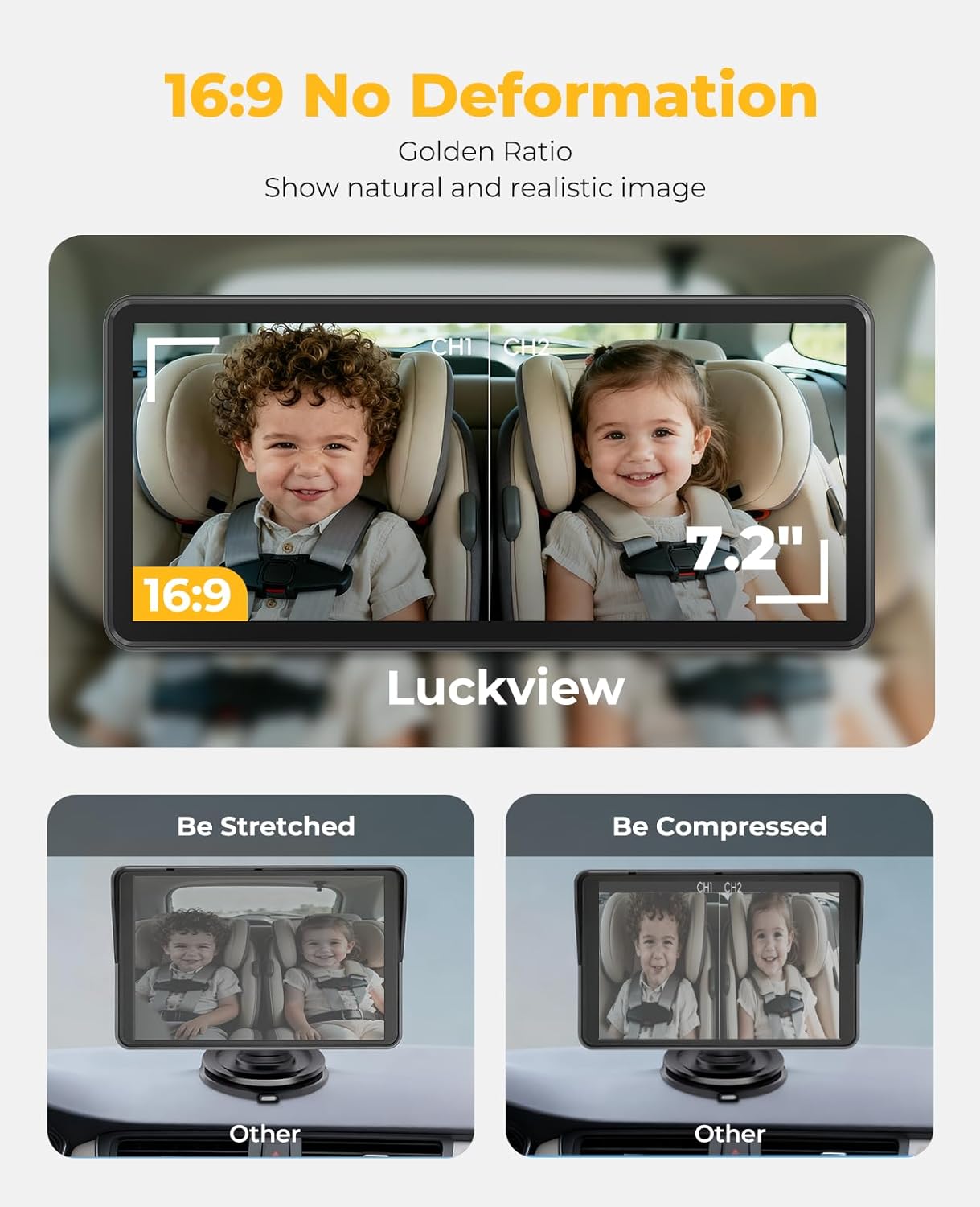 LUCKVIEW BM5PRO 7.2" Dual Camera Baby Monitor, 1080P HD Display for 2 Kids, Night Vision, Easy Install Car Baby Monitor, Ideal Gift, Rear Seat Safety for Babies & Pets