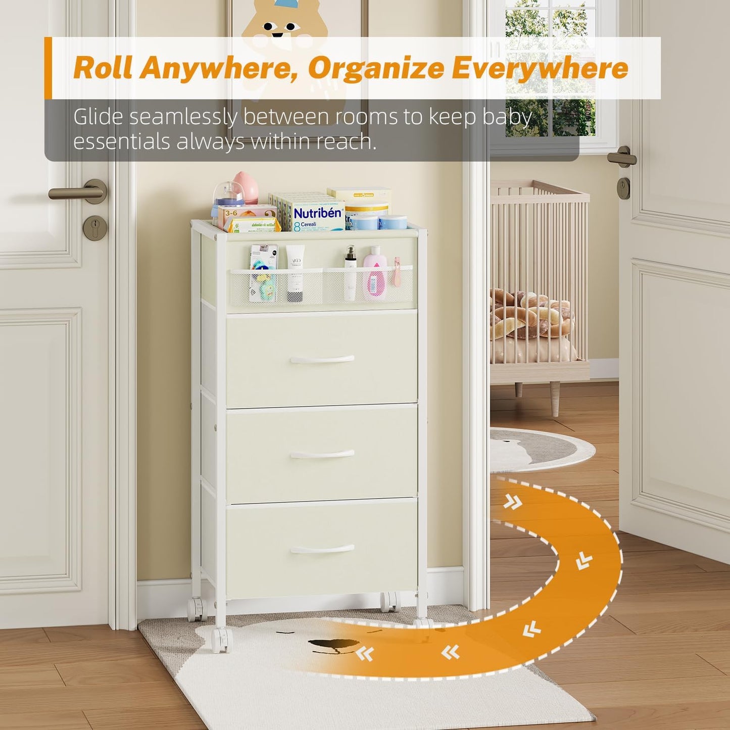 4-Tier Baby Diaper Caddy Organizer Cart with 3 Storage Drawers, Rolling Cart with Dividers & Side Pockets for Nursery, Baby Essentials, Toys, Wipes & Creams, Portable Kids Storage Cart & Station