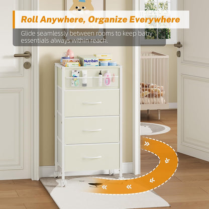 4-Tier Baby Diaper Caddy Organizer Cart with 3 Storage Drawers, Rolling Cart with Dividers & Side Pockets for Nursery, Baby Essentials, Toys, Wipes & Creams, Portable Kids Storage Cart & Station