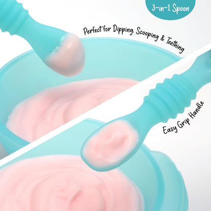 PrimaStella Unbreakable Silicone Non-Slip Bowl and Chew Spoon Set for Babies and Toddlers (Rainbow Swirl)
