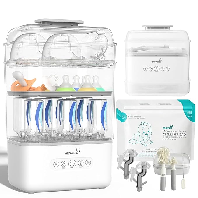 Grownsy 3 Layers Large Bottle Sterilizer and Dryer, Holds 6 to10 Bottles, Nesting Design Bottle Sanitizer Esterilizador de Biberones for Breast Pump Sterilizer Bags Bottle Brush Included