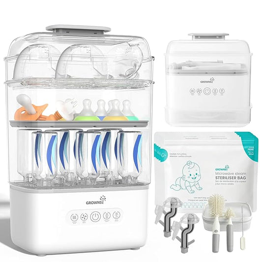 Grownsy 3 Layers Large Bottle Sterilizer and Dryer, Holds 6 to10 Bottles, Nesting Design Bottle Sanitizer Esterilizador de Biberones for Breast Pump Sterilizer Bags Bottle Brush Included