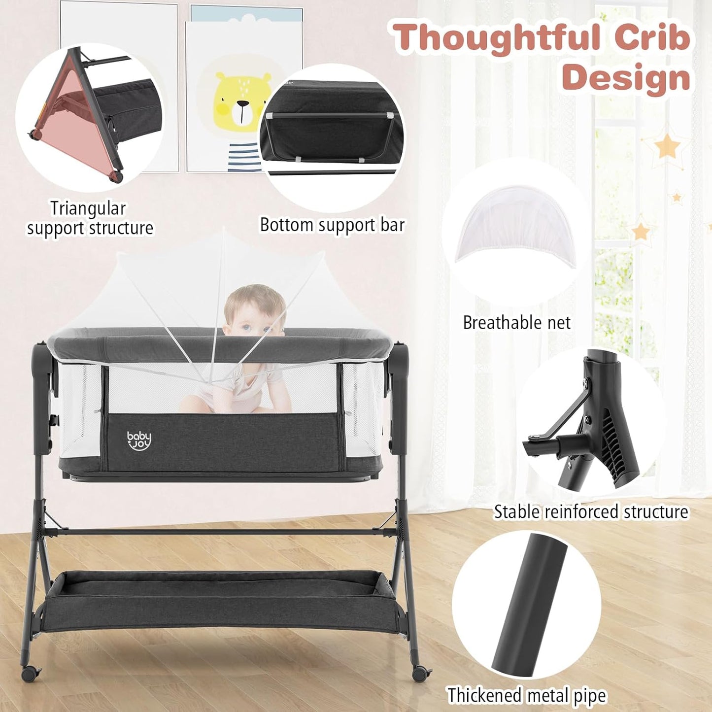 BABY JOY Bassinet Bedside Sleeper, Easy Folding Baby Crib w/All-Side Mesh, Storage Shelf, 7 Adjustable Heights, Mattress & Travel Bag for Safe Co-Sleeping, Portable Baby Bed for Newborn Infant -Gray