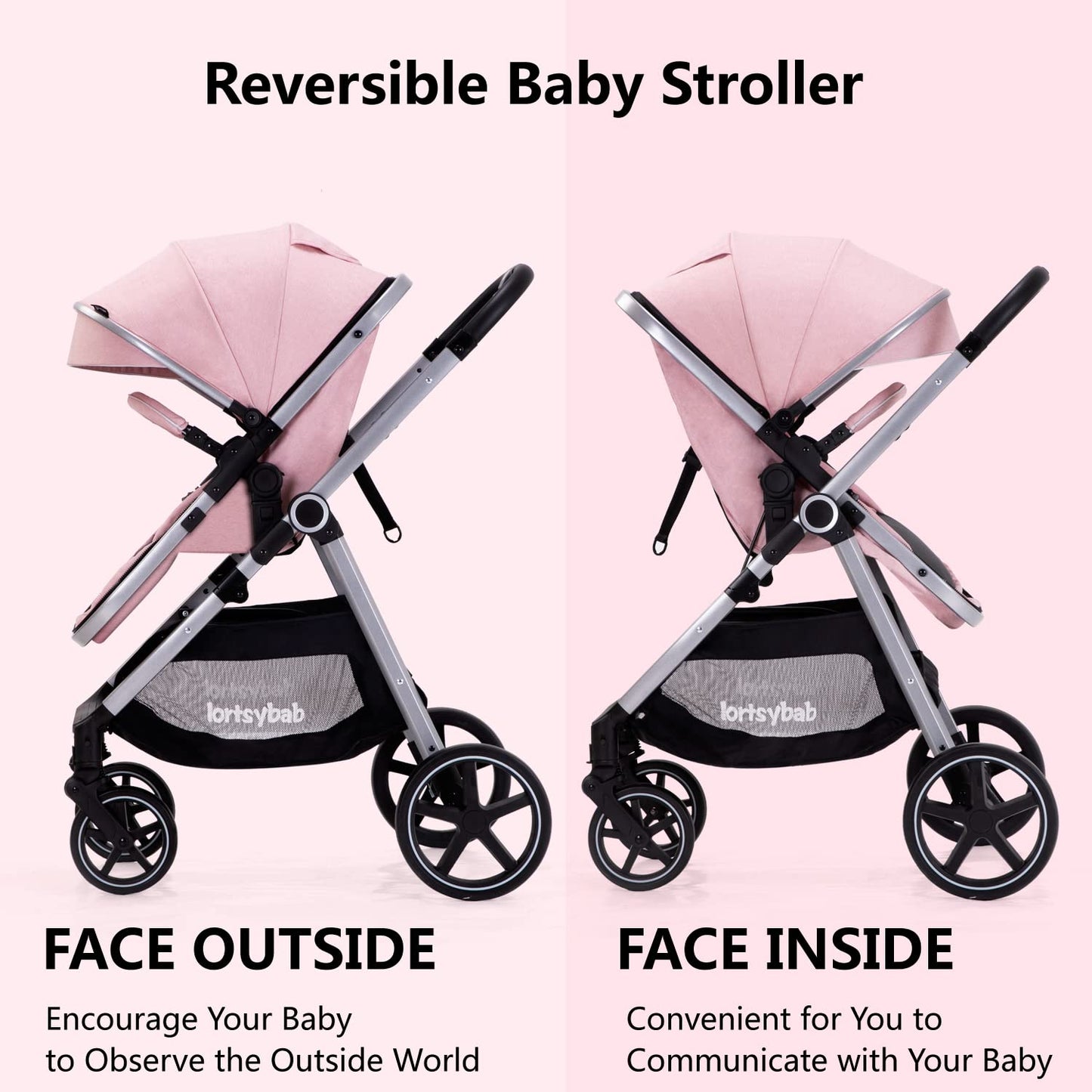 Lortsybab 2-in-1 Baby Stroller - Folding Infant Newborn Pram Stroller with Reversible Seat - Toddler Strollers for 0-36 Months Old Babies (Pink)