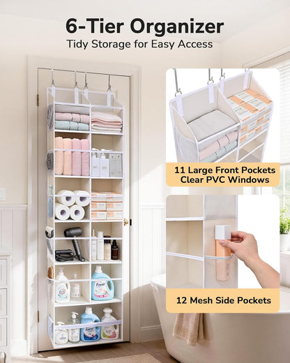 ULG 1 Pack Over Door Organizer with 5 Large and 10 Mesh Side Pockets, 44 lbs Weight Capacity Hanging Storage with Clear Window Kids Toys, Shoes, Diapers, Dark Grey, 5 Layers