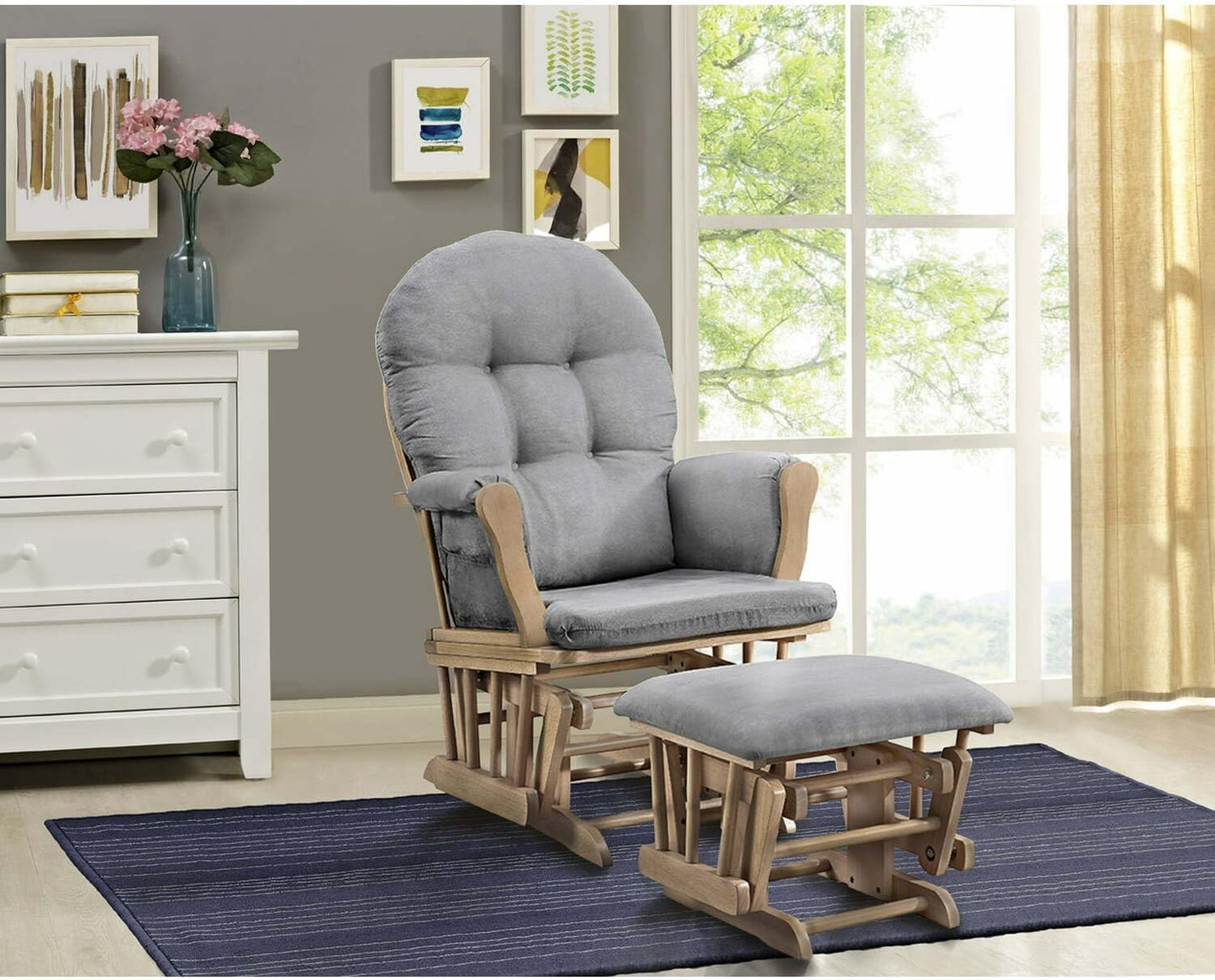 HomeStock Glider and Ottoman Set - Padded Arms, Storage Pockets, Metal Bearings White and Blue