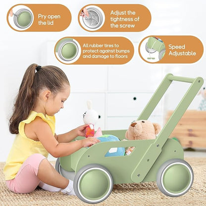 HOMEKOL Wooden Baby Walker,Baby Push Walker, Adjustable Speed Baby Walker for Boys and Girls, Baby Activity Center, Gift for Birthday, Christmas and New Year Green