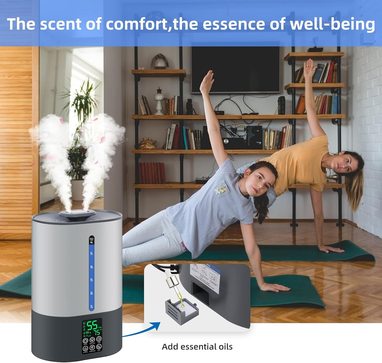 Coolfiqu 6L Humidifiers for Bedroom Large Room Home,Cool and Warm Humidifier for Baby and Plants Hot Mist Top Fill Desk Humidifiers Oil Diffuser,Quiet,Adjustable Mist,360°Nozzle-Black(2026 Upgraded)