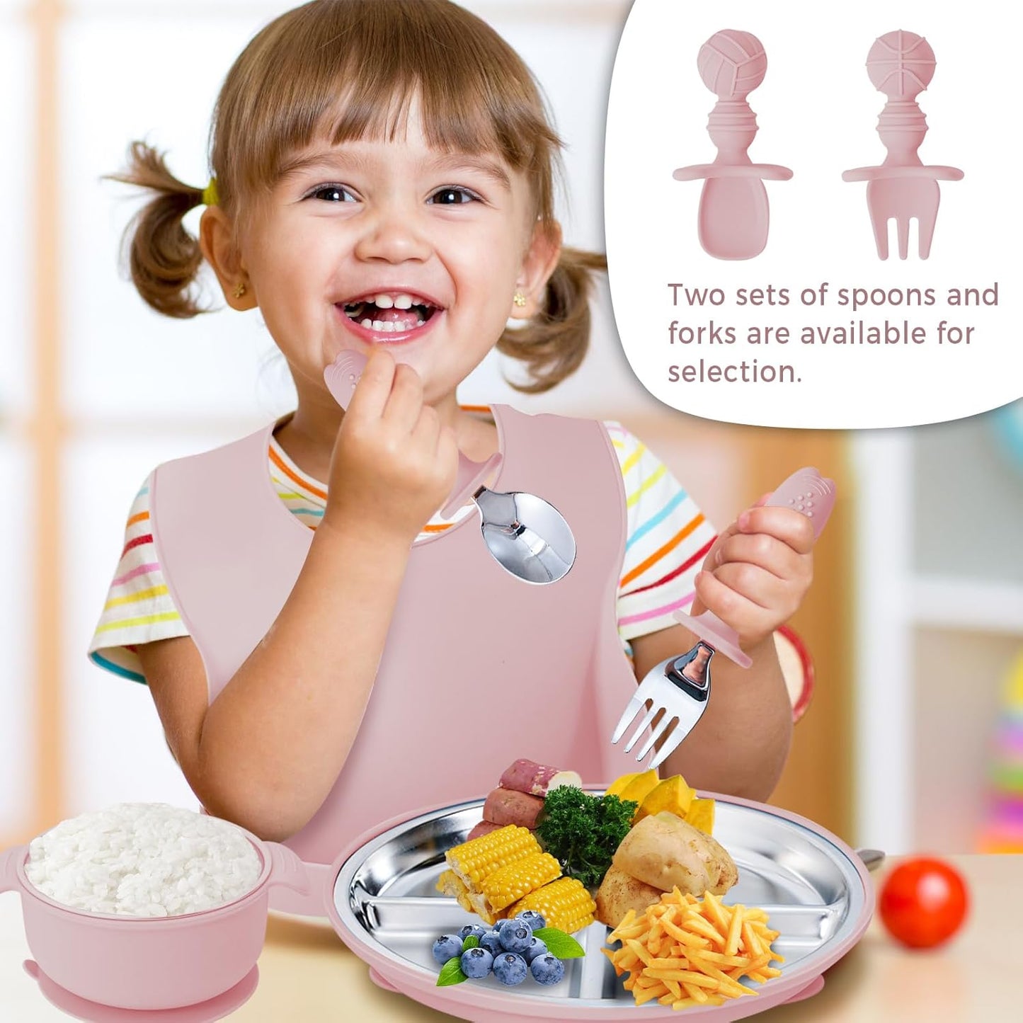 7 Pieces 304 Stainless Steel Baby & Toddler Feeding Set - Suction Divided Plates, Bowls, Silicone & Stainless Spoon Fork,Pocket Bib Unbreakable, Dishwasher Safe Kids Dinnerware Essentials (Blue)
