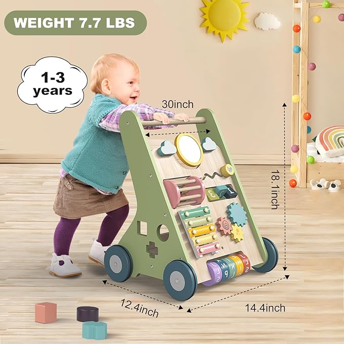 11-in-1 Montessori Baby Walker Toddlers Push Walker Wooden Activity Center Gift for 1 Year Old Boys Girls, Adjustable Speed & Quiet Wheels Learning to Walk Sensory Toys Baby Sit-to-Stand Walking Toys