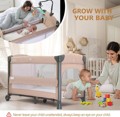 JOYMOR Baby Bedside Bassinet, Baby Bassinet, Pack n Play Convert Playpen, Quick Foldable Travel Bed with Wheels & Brake, Carry Bag for Boys Girls (Gray)