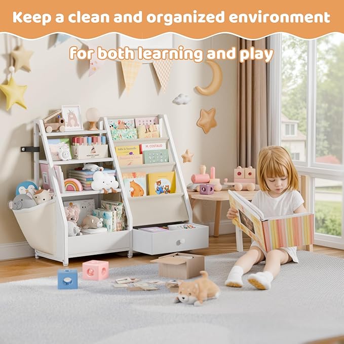 HAVLOTII Kids Bookshelf and Toy Storage - Book Shelf for Kids Rooms, Toddler Bookshelf Baby Bookcase for Nursery, Montessori Toy Organizer, White