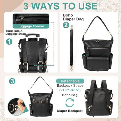 MOMINSIDE Diaper Bag Backpack, Convertible Hobo, Large Baby Bag with 14 Pockets, 6 Bottle Pouches, Wipes Pouch, Insulated Pockets (Black)