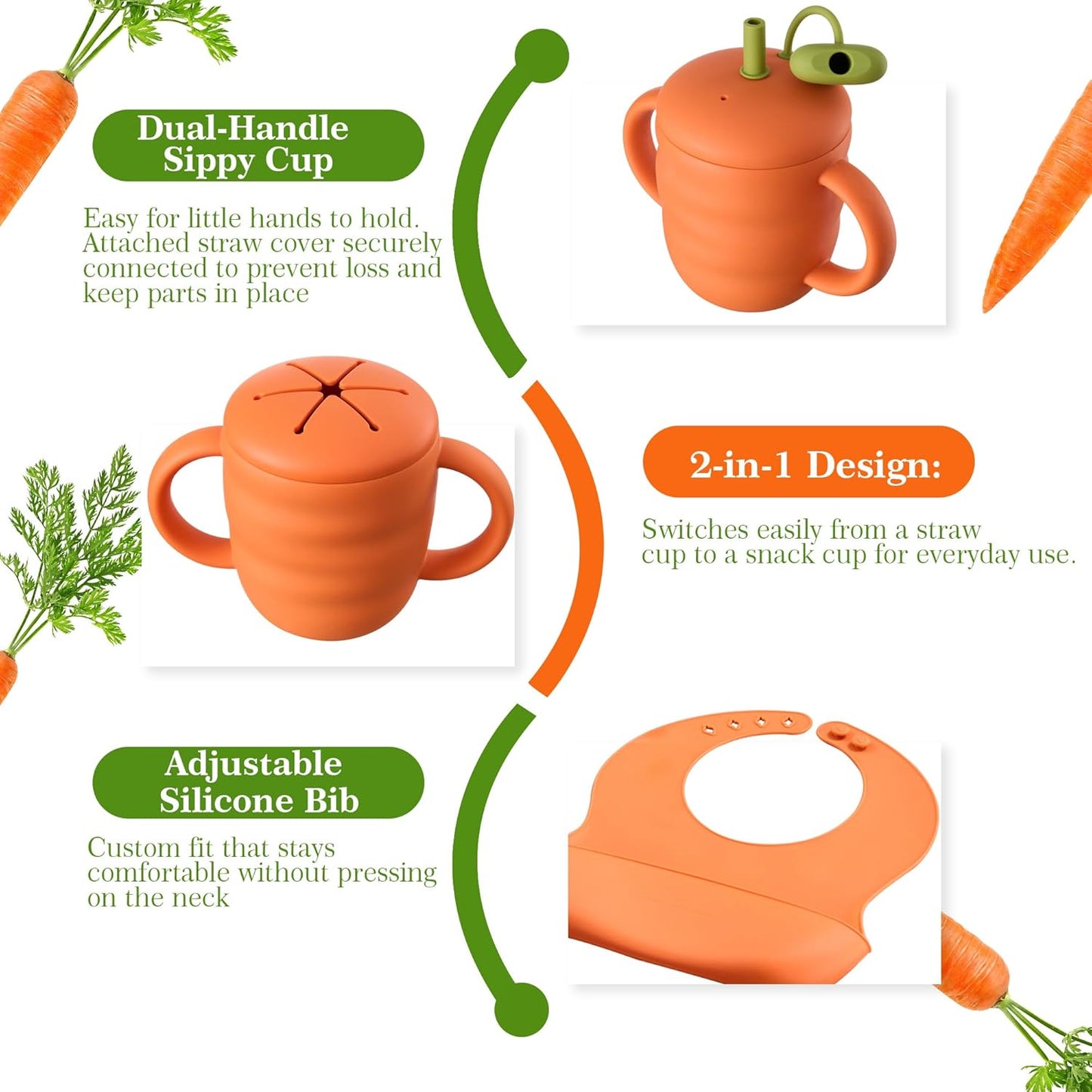 Carrot Shape Silicone Baby Feeding 6 Pack Set, 1 Suction Bowl & Plate, Bib, Spoon, Fork, Cup (Bowl with Spoon and Fork)