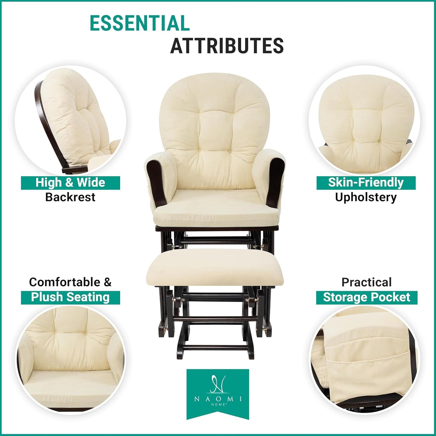 Naomi Home Baby Rocking Chair for Nursery with Ottoman – Smooth & Quiet Glider Chair, High Back Support & Padded Arms for Feeding, Rocking Baby Nursery Furniture – Easy Assembly, Removable Cushions