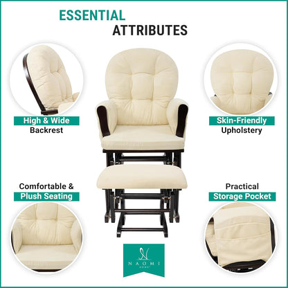 Naomi Home Baby Rocking Chair for Nursery with Ottoman – Smooth & Quiet Glider Chair, High Back Support & Padded Arms for Feeding, Rocking Baby Nursery Furniture – Easy Assembly, Removable Cushions