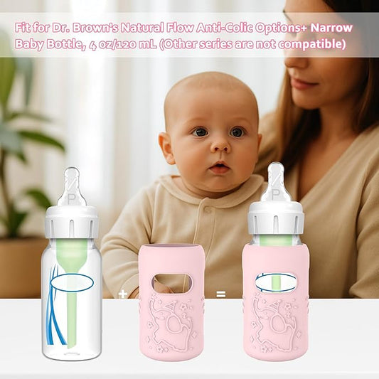 KingKam 4 Pack Silicone Sleeves for Dr. Brown's Glass Baby Bottles, Anti Breakage Baby Bottle Sleeves Holder, Compatible with Dr. Brown's Anti-Colic Options+ Narrow Glass Baby Bottles, 4 oz/120 mL