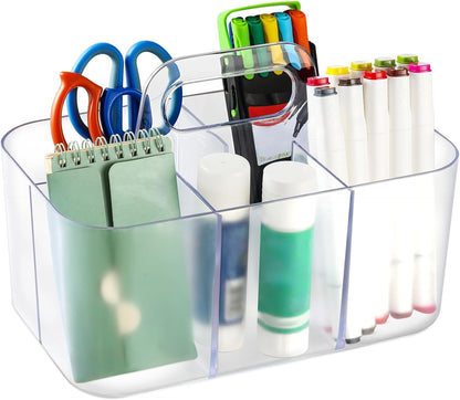 Multiuse Caddy Organizer with Handle, Portable Divided Plastic Tote Bin - Art Craft, Stationary Pen Marker Crayons, Makeup Hair Supplies Storage - Bathroom, Classroom, Dorm, Office, Desk Holder - Pink