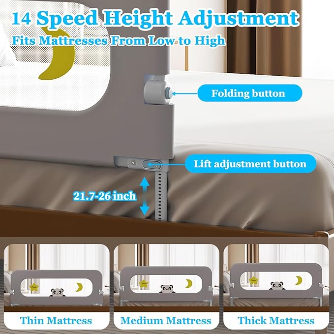 Baby Bed Guard Rail for Toddler - Adjustable Heights, Swing Down Bedrail, Extra Tall Child Safety Side Railing Guards for Kids - Toddler Bed Rail for Queen, King, Twin, and Bunk Size Beds (59 inch)